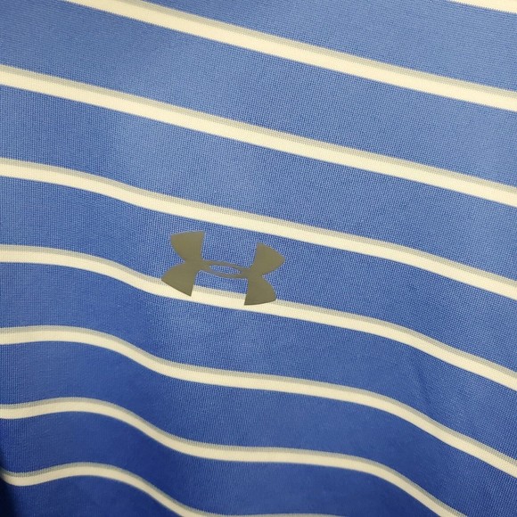 Men's Under Armour HeatGear Short Sleeve Polo Shirt Blue with White Stripes L - Picture 2 of 9